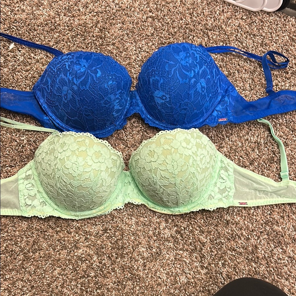 Lace Underwire Bra Set - Blue and Green